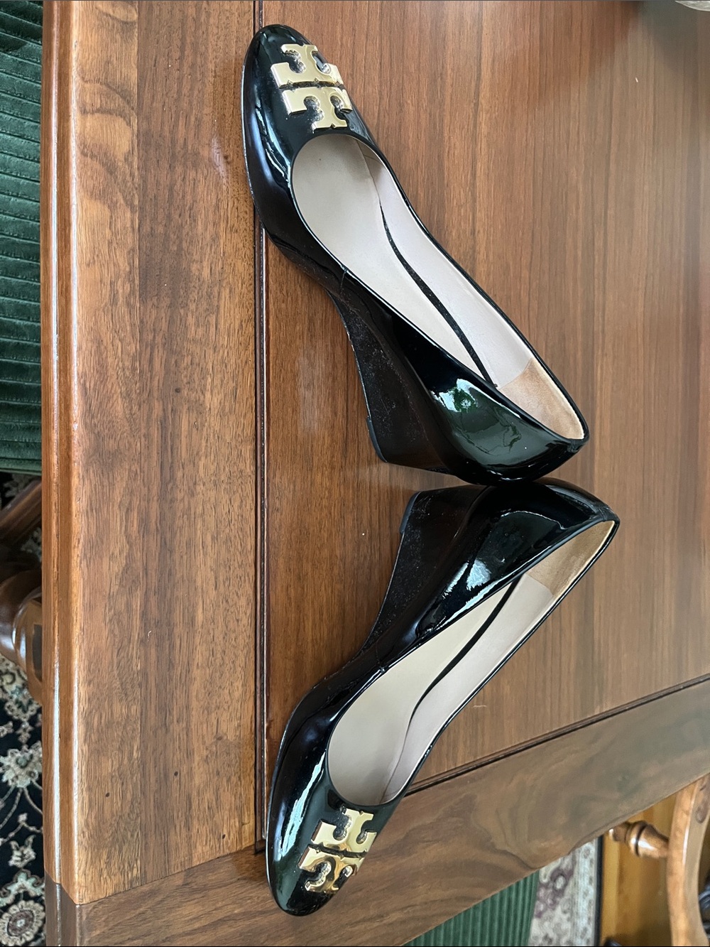 Tory Burch Black Patent Leather Wedge Pumps with Gold Logo